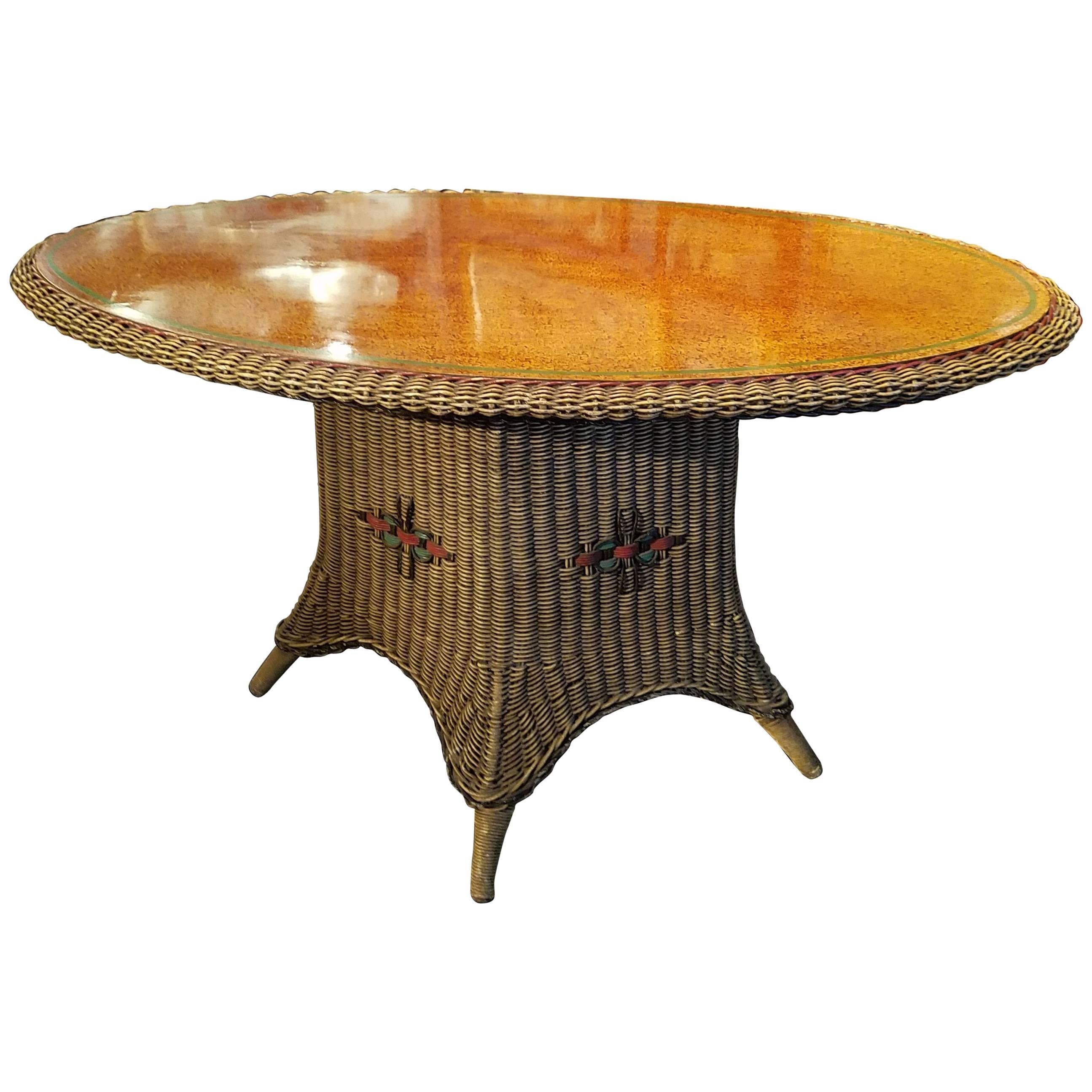 American Wicker Large Table with Grain-Painted Top, By Merikord, Circa 1920s.