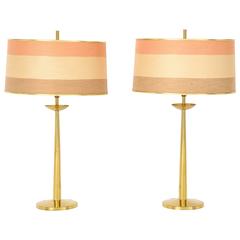 Pair of Rembrandt Brass Lamps with Original Silk Shades