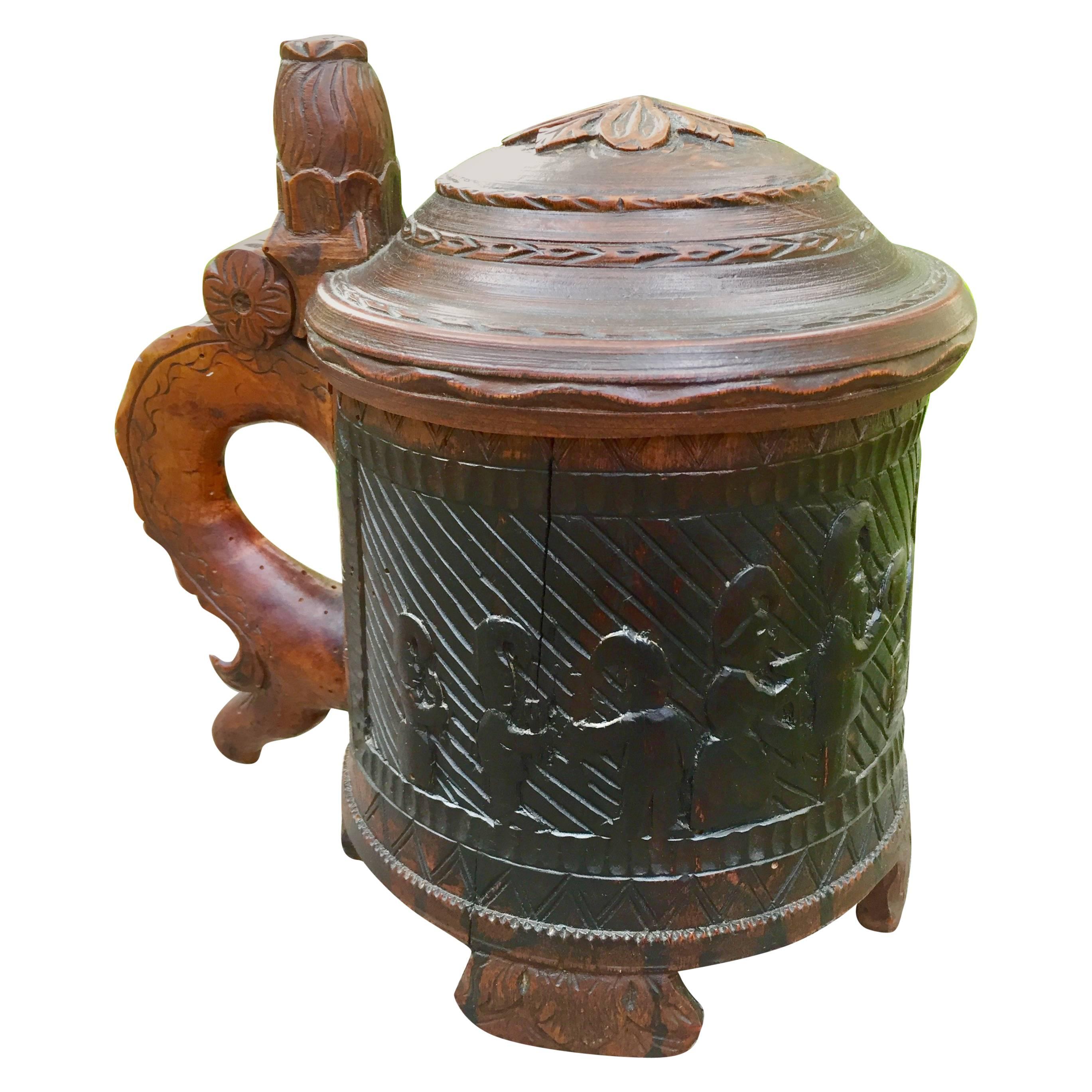 Rare Norwegian Carved Tankard Featuring Gnomes, Mid-18th Century For Sale