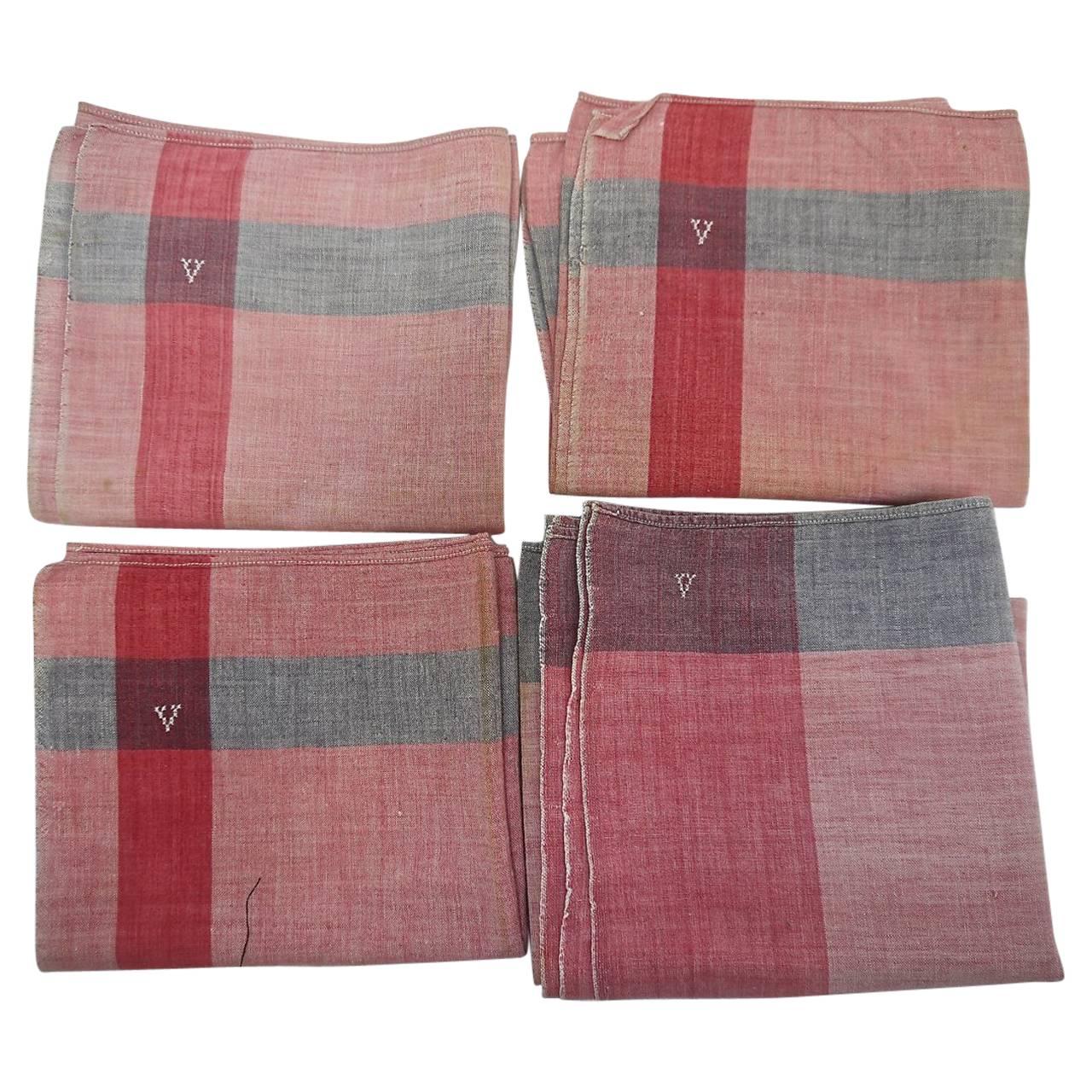 Set of Four French 1900s Faded Indigo and Red Cotton Mouchoirs Handkerchiefs