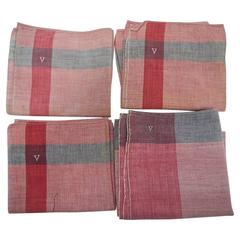 Set of Four French 1900s Faded Indigo and Red Cotton Mouchoirs Handkerchiefs Antique Set of Four French 1900s Faded Indigo and Red Cotton Mouchoirs Handkerchiefs