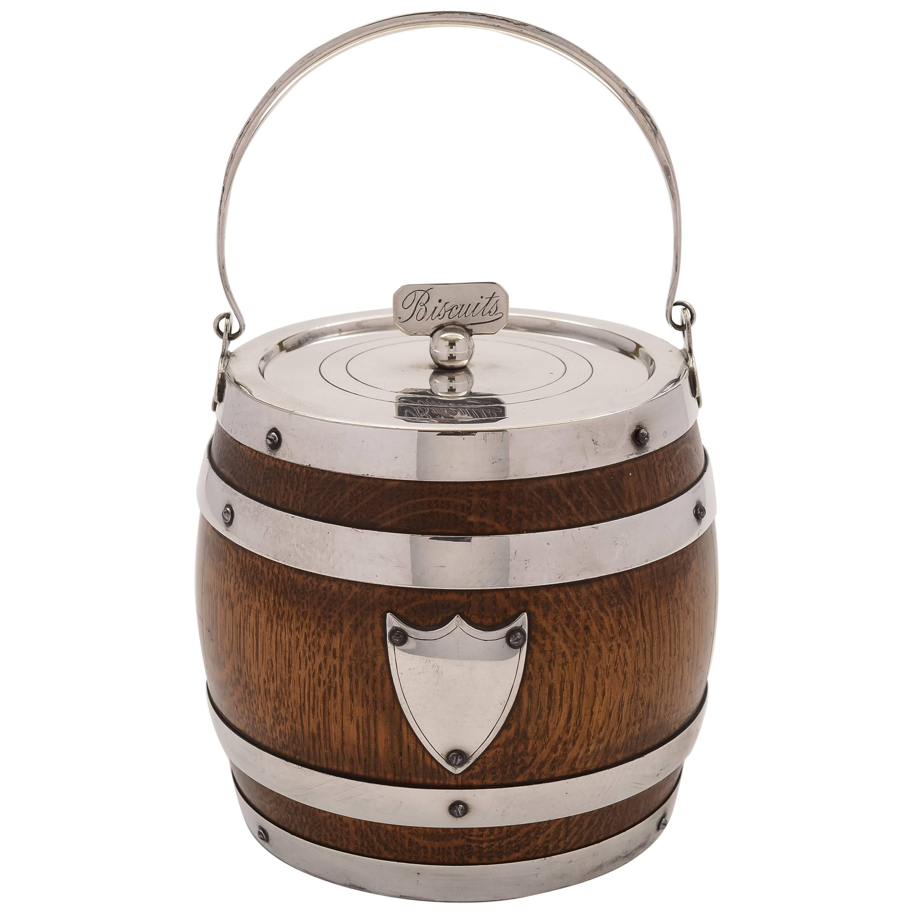 19the Century Victorian Oak and Silver Plated Biscuit Barrel/Cookie Jar For Sale
