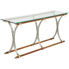Turned Wood Console Table with Brushed Steel Legs and Glass Top
