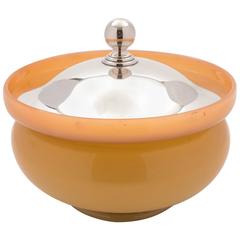 Peach Glass Powder Bowl with Silver Lid, Birmingham, 1919