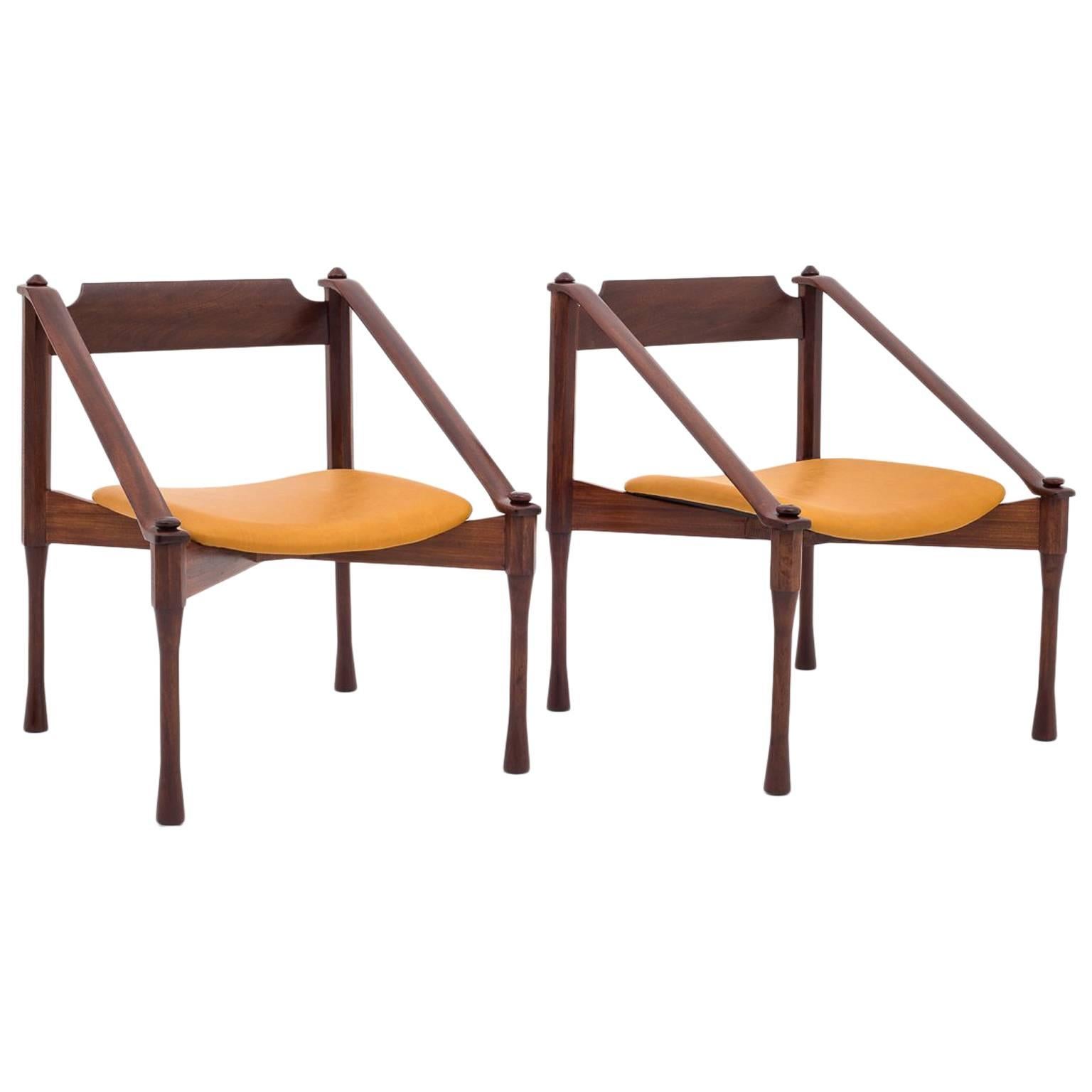 Wood and leather Italian Midcentury Armchairs by Giulio Moscatelli, 1960s