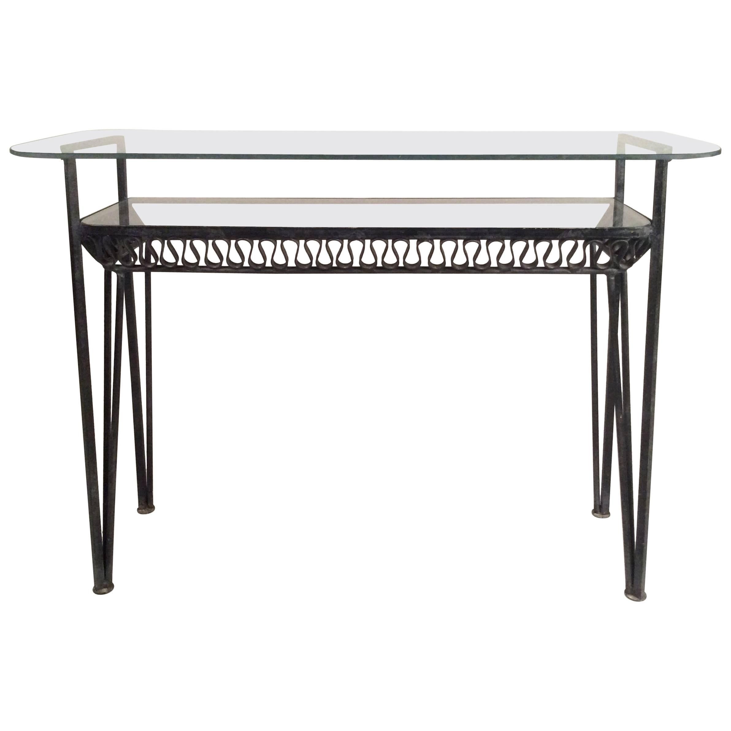 Vintage 1950s Iron and Glass Console Table by Tempestini for Salterini