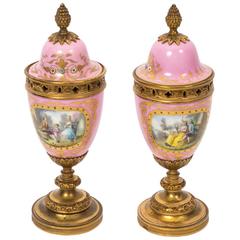 Antique Pair of Sevres Pink Porcelain Urns, circa1880