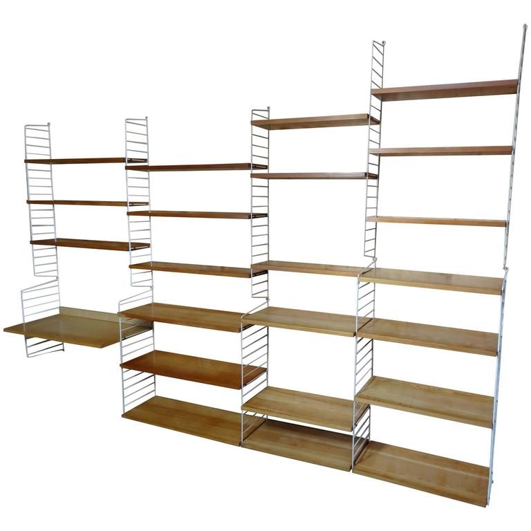 XXL String 1950s Wall Shelving Unit with 22 Shelves and a Desk For Sale
