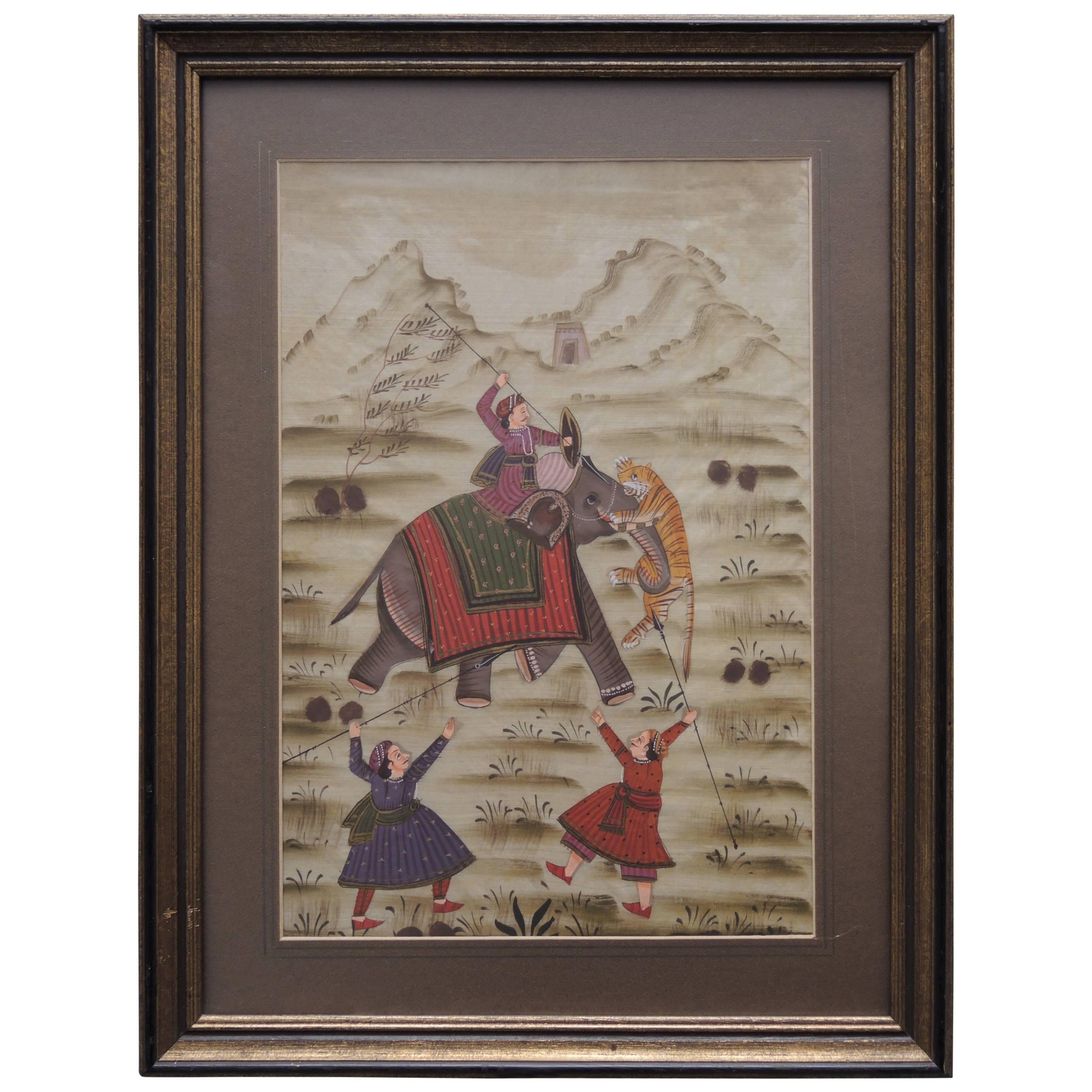 Indian Painting on Silk of a Tiger Hunt For Sale