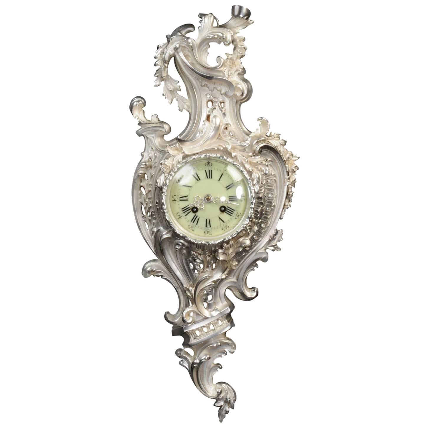 Silver Rococo Antique French Cartel Wall Clock by Samuel Marti