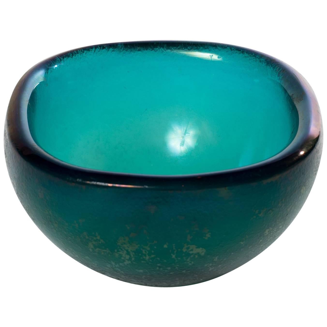 Turquoise Glass Bowl "Corroso" in the Attributed Carlo Scarpa