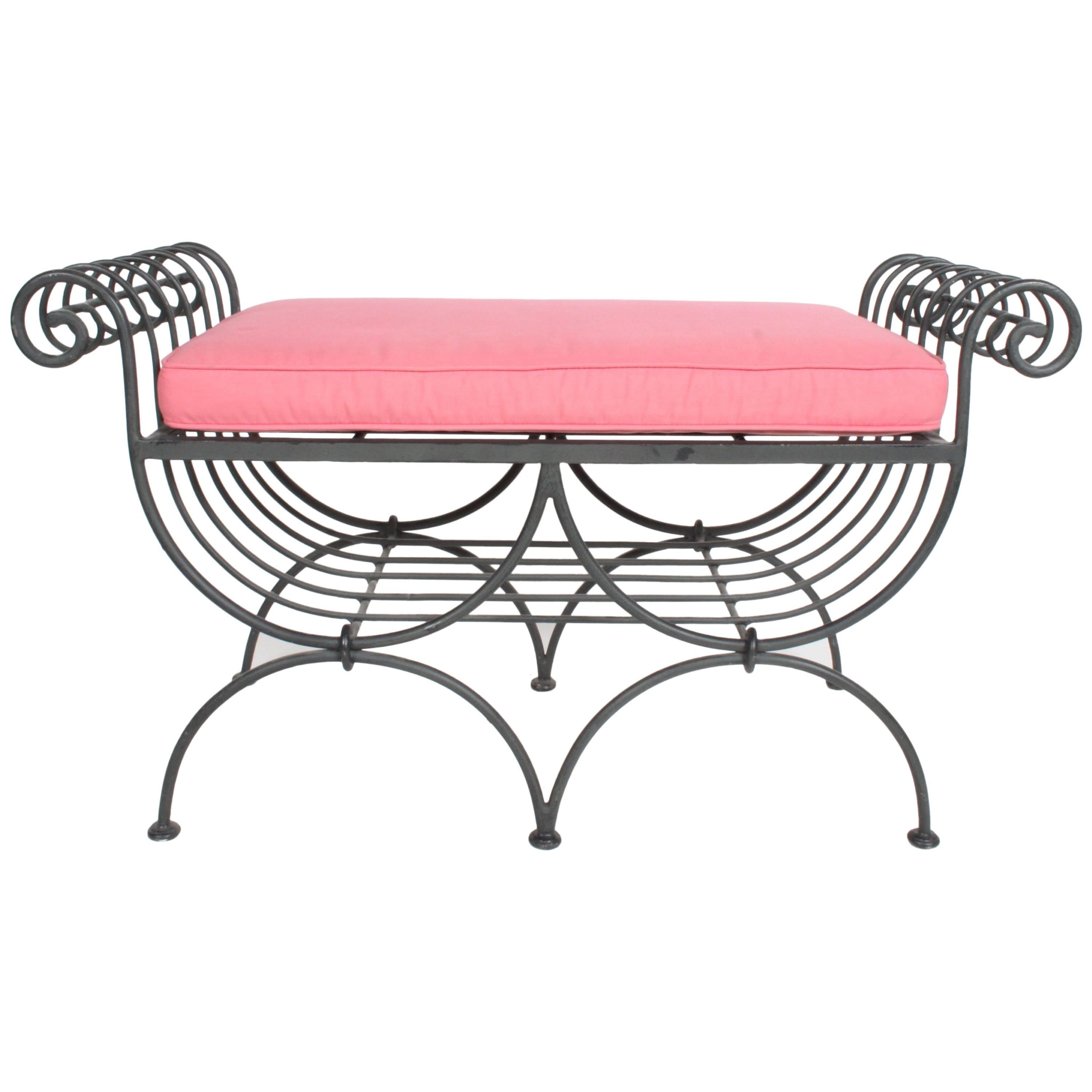Hollywood Regency Italian Black Wrought Iron Double Scroll Arm Bench - Pink Seat