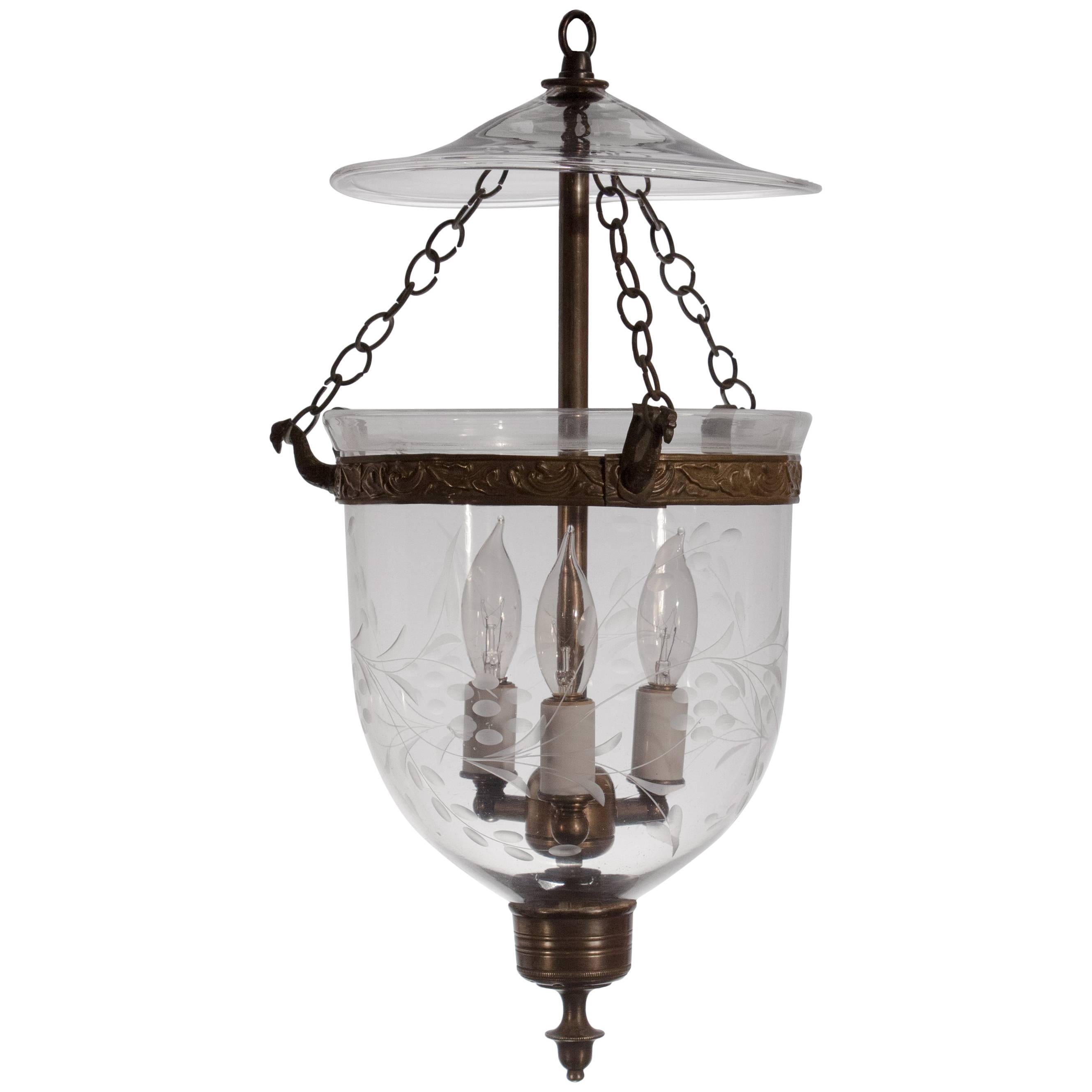 Petite 19th Century Bell Jar Hall Lantern with Vine Etching