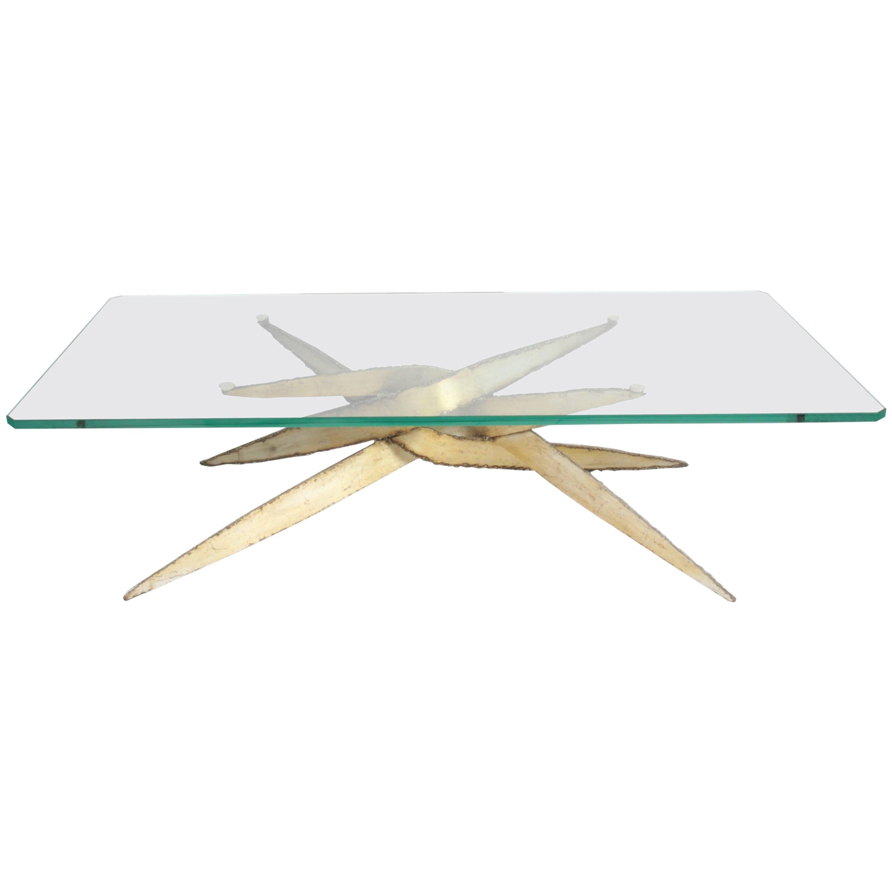 Sculptural Brutalist Torch Cut Glass Top Coffee Table, 1970s
