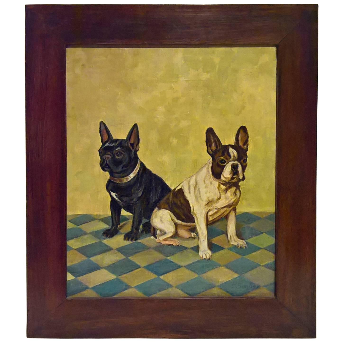 Mid Century Painting French Bulldogs Portrait Oil On Canvas