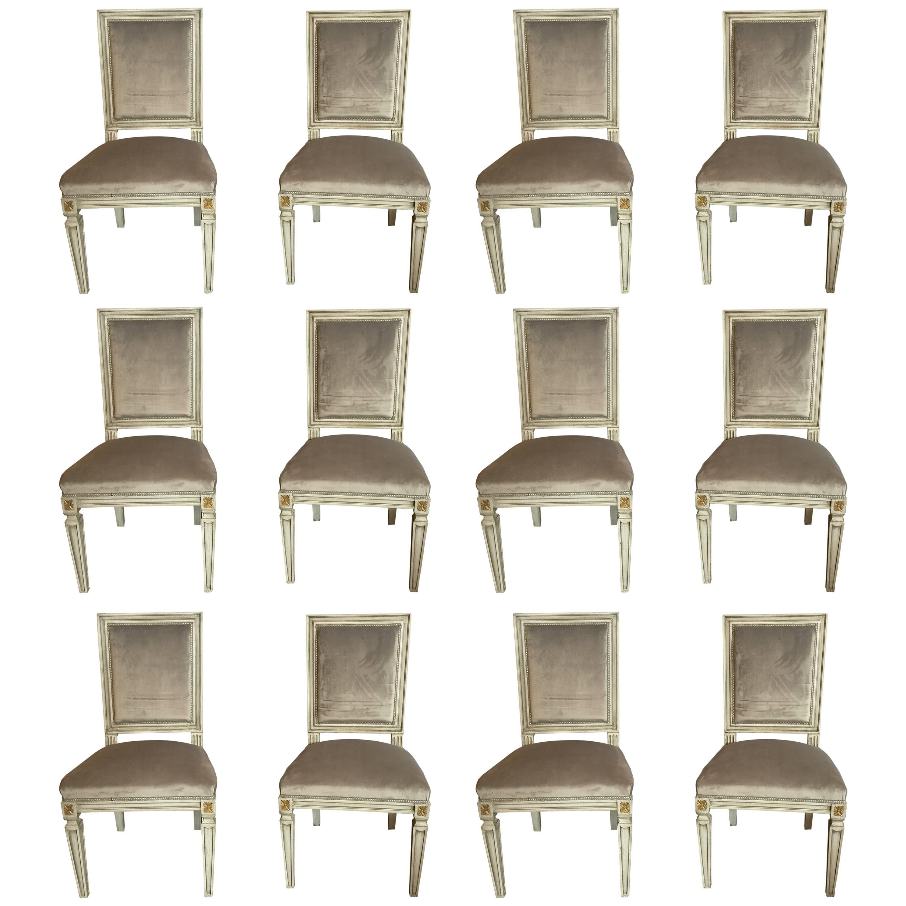 Parcel-Gilt And Paint Decorated Set Of 12 Jansen Style Dining Chairs