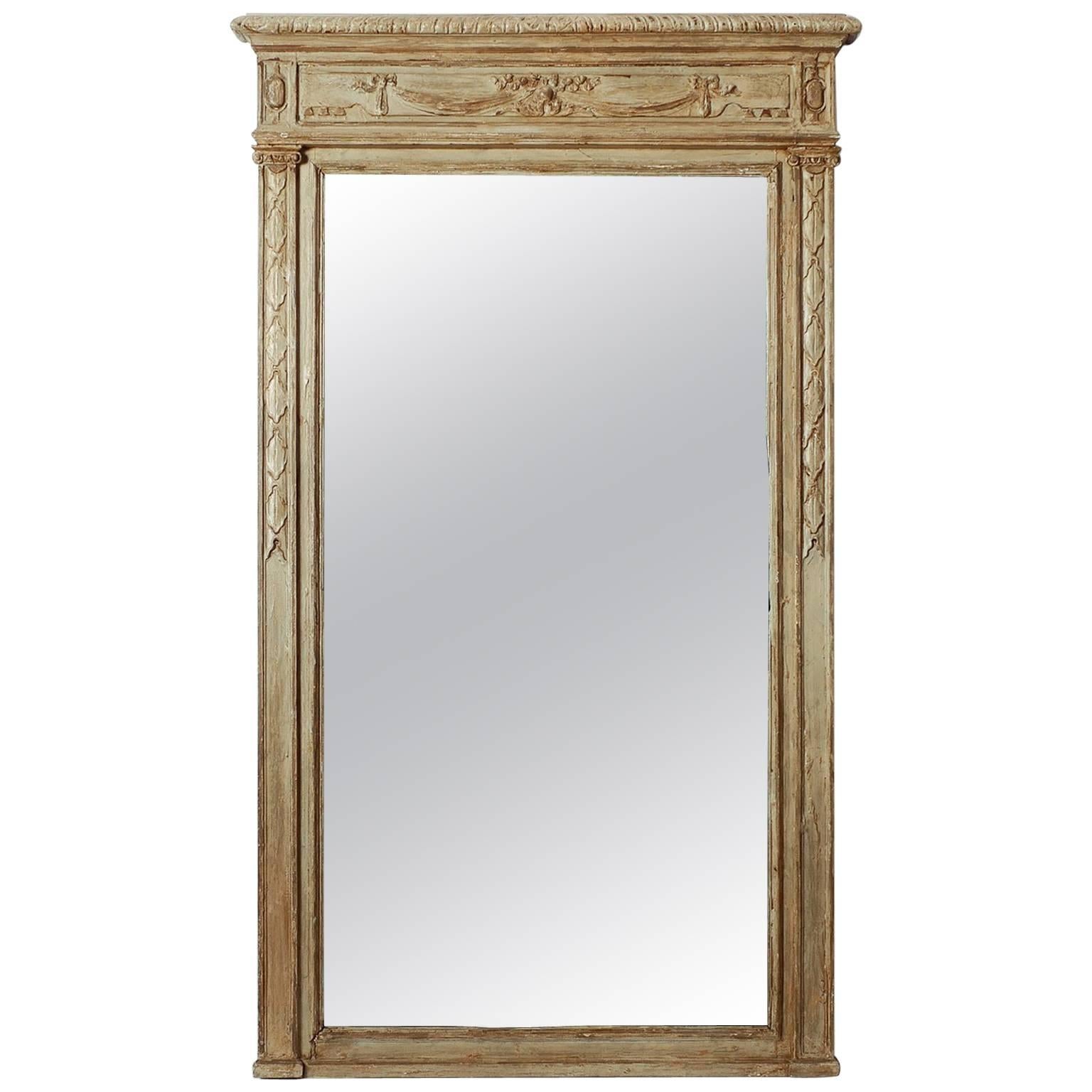 Large Painted Green Gray Mirror with Carved Details For Sale