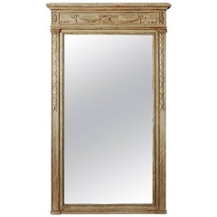 Large Painted Green Gray Mirror with Carved Details