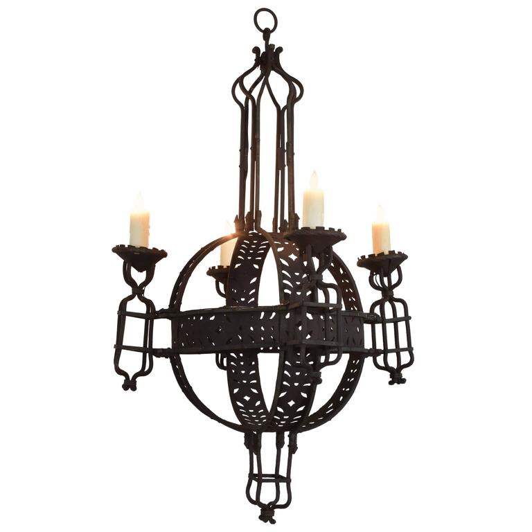 Large Italian Wrought Iron Four Light Orb Chandelier Circa 1900 For Large Italian Wrought Iron Four Light Orb Chandelier Circa 1900 For