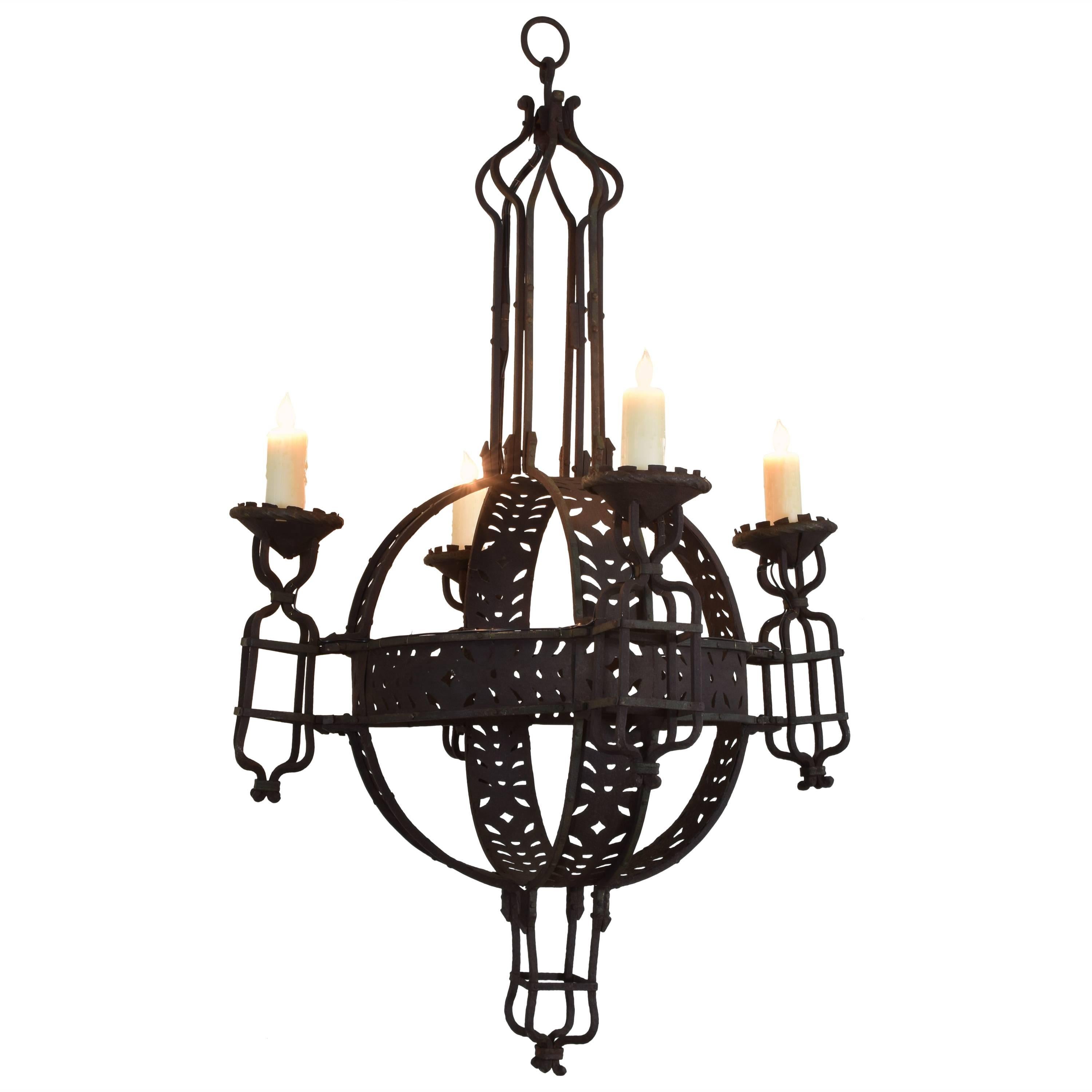 Large Italian Wrought Iron Four-Light Orb Chandelier, circa 1900 For Sale
