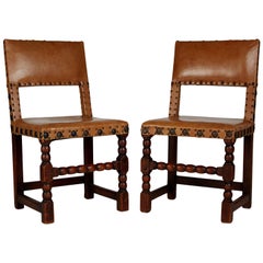 English Cromwellian Tan Leather Oak Side Chairs, circa 1860