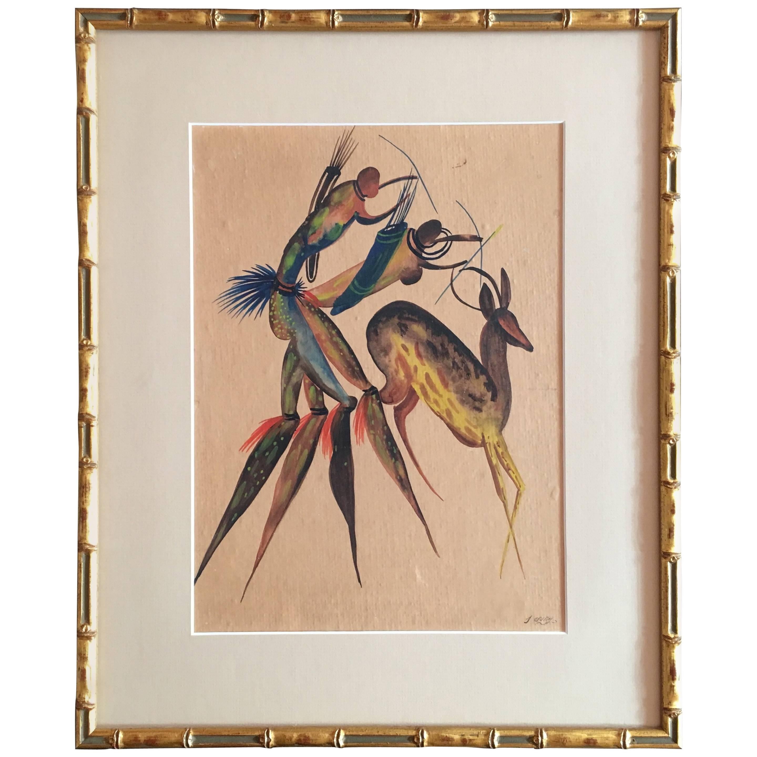 Expressionism Watercolor Hunting Scene Signed For Sale