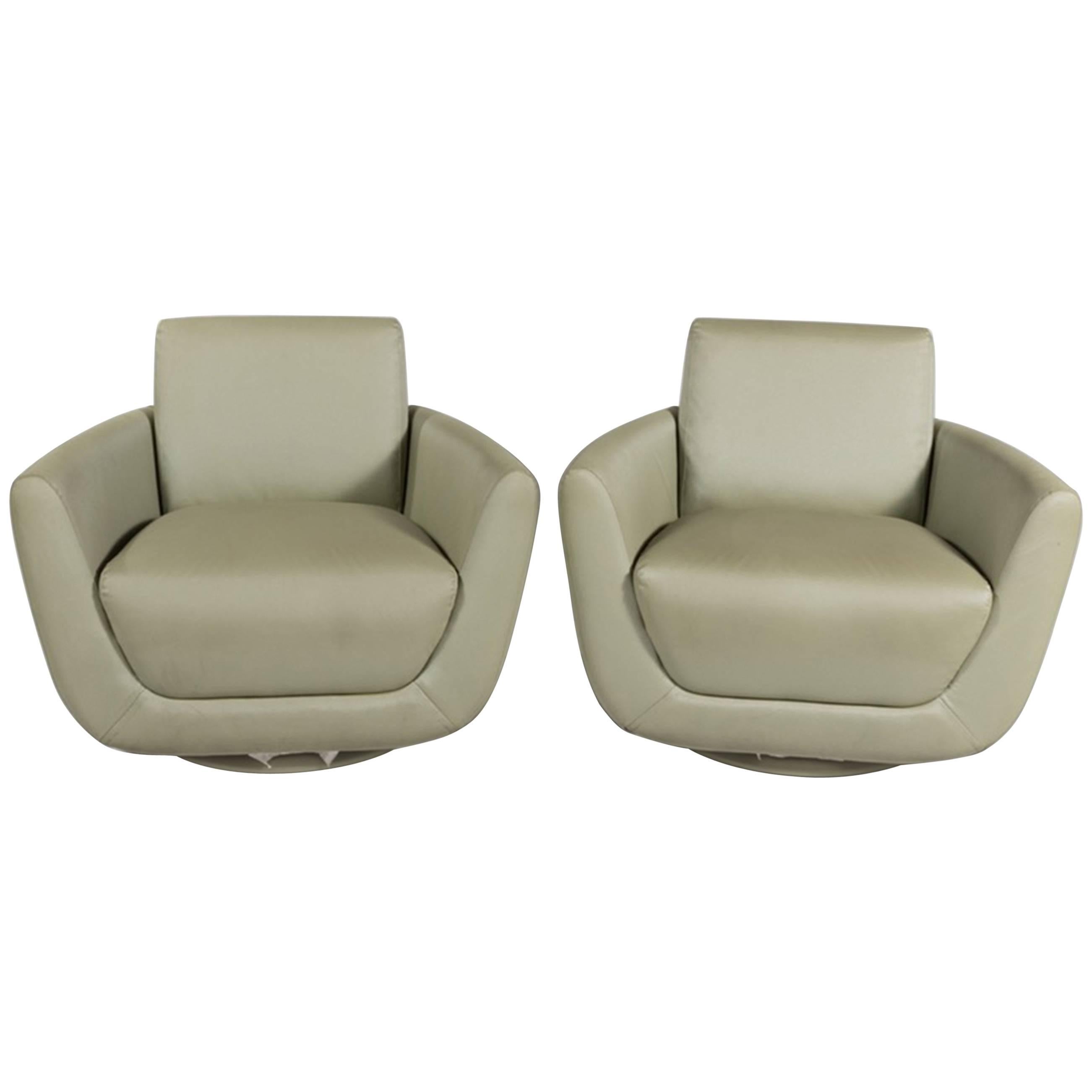Chic Pair of Mid-Century Celery Green Swivel Chairs