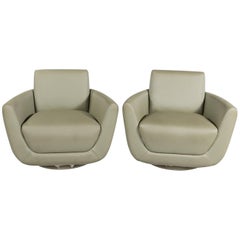 Chic Pair of Mid-Century Celery Green Swivel Chairs