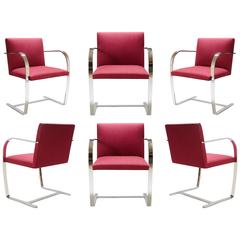 Mies van der Rohe for Knoll Brno Flat-Bar Chairs in Merlot Herringbone Wool, S/6 7