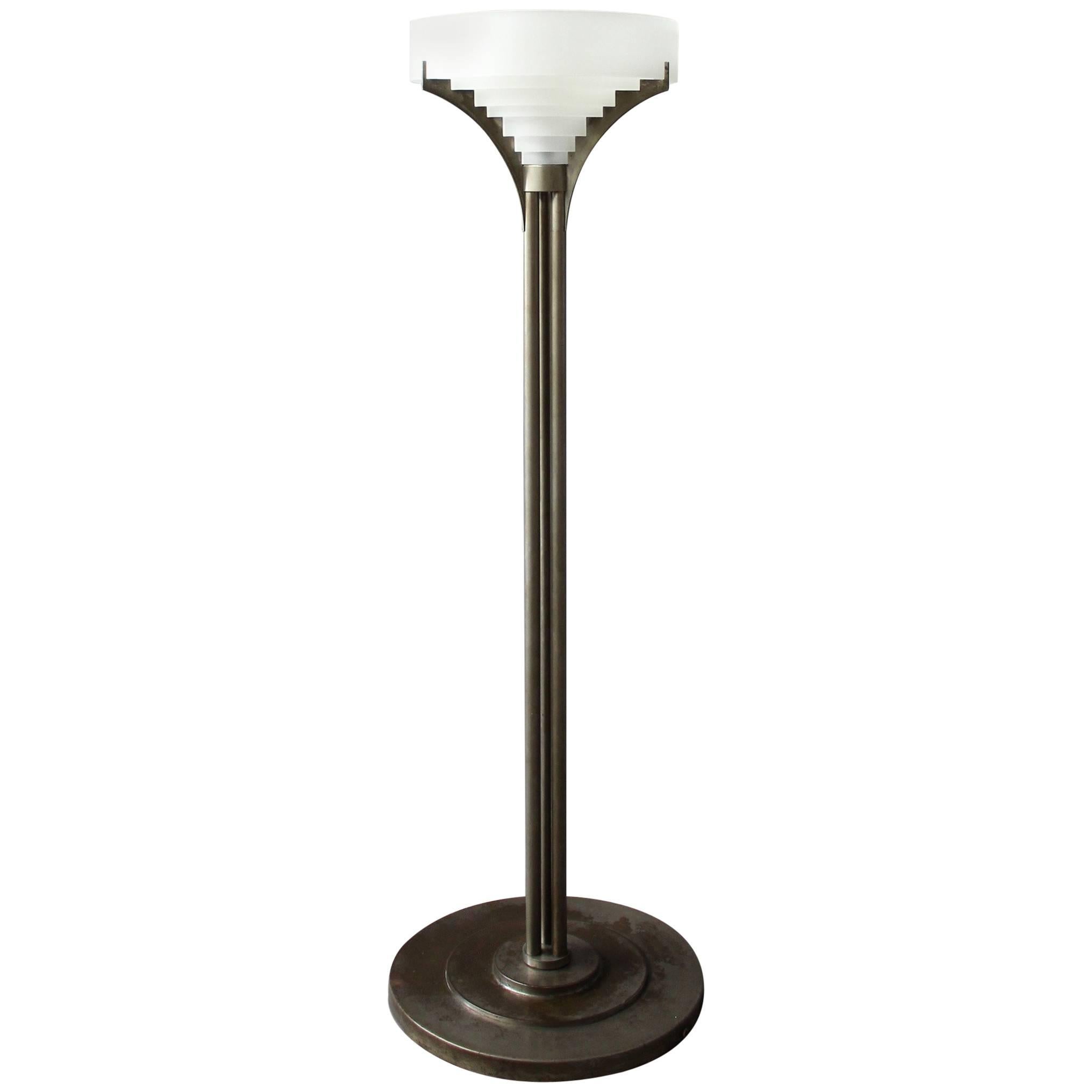 Rare Fine French Art Deco Chrome and Glass Floor Lamp by Jean Perzel For Sale