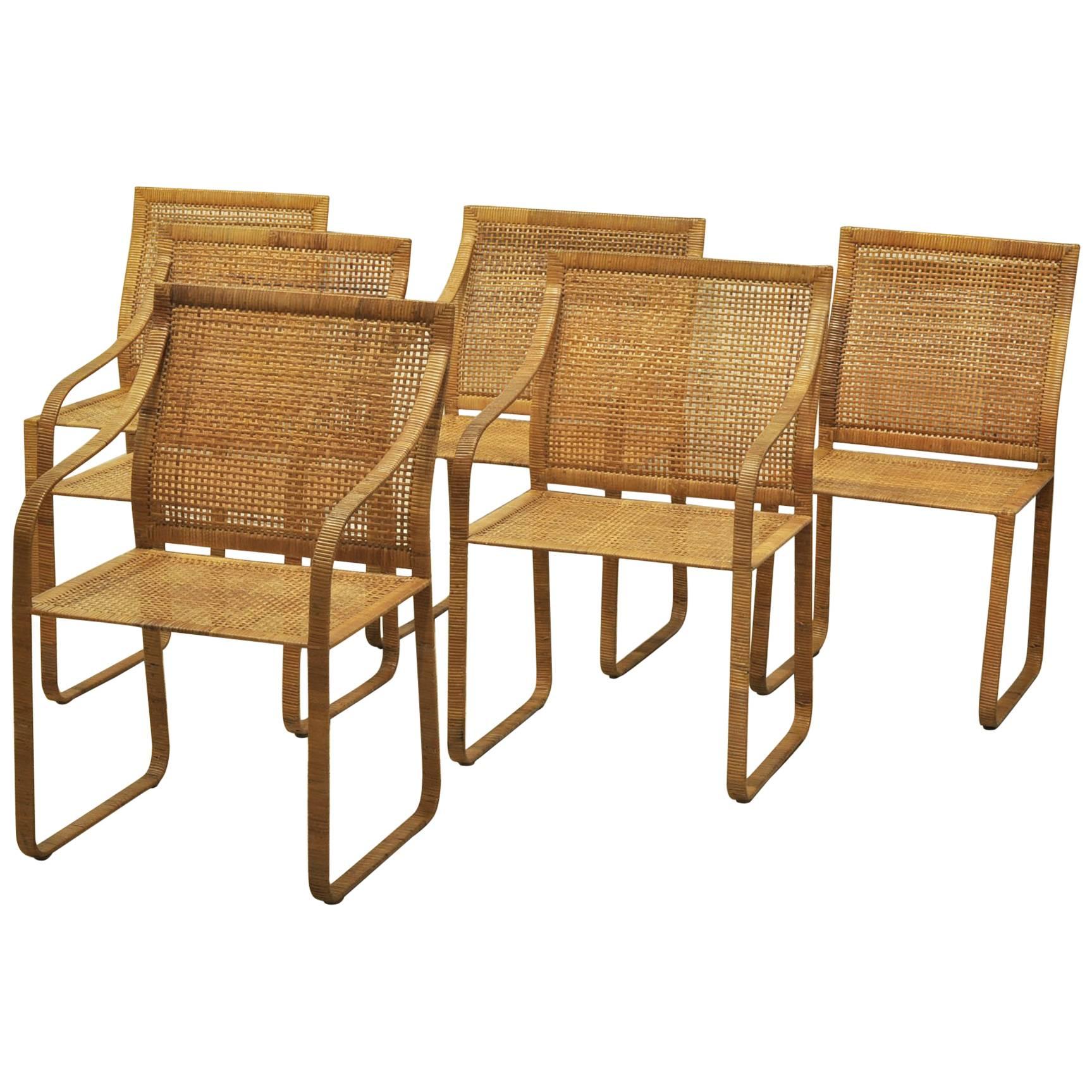 Set of Six Harvey Probber Woven Rattan Dining Chairs