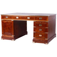 Antique Campaign Style Mahogany Leather Top Partners Desk
