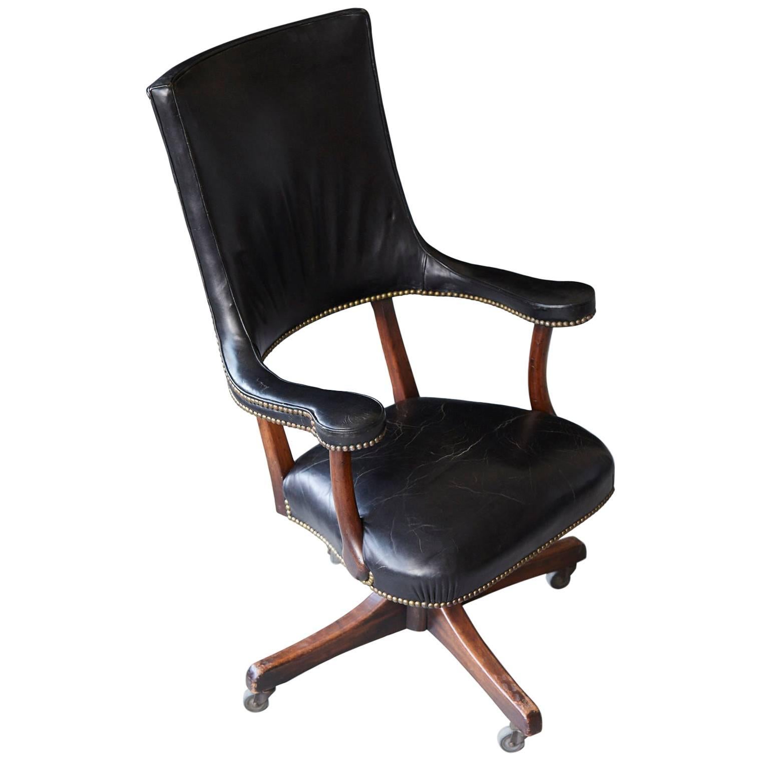 Yale Burge High Back Leather and Walnut 'Banker's' Chair 