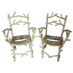 Pair of Exceptional Rare Form Large Antique Faux Bois Armchairs