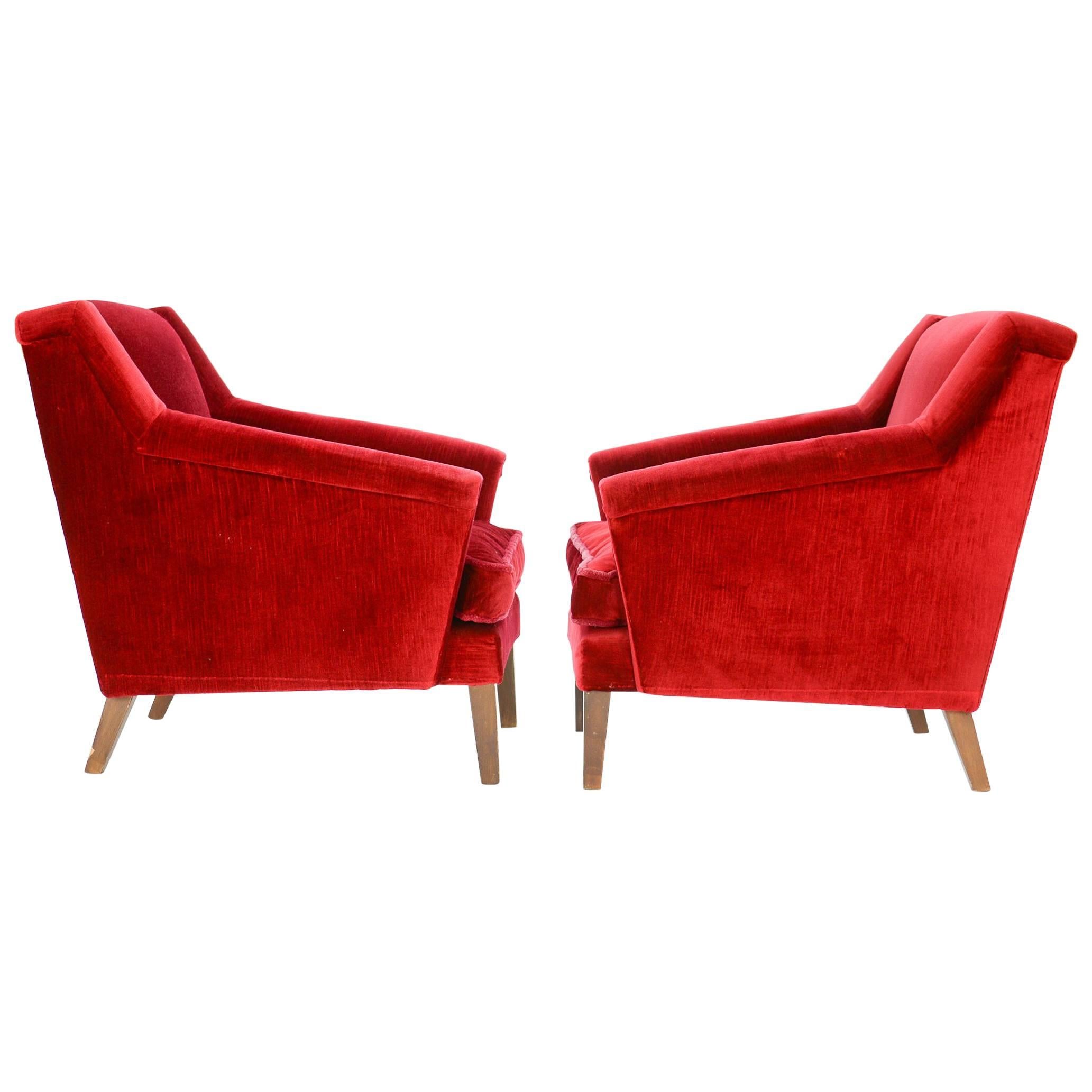 Pair of Regal Danish Red Velvet Club Chairs