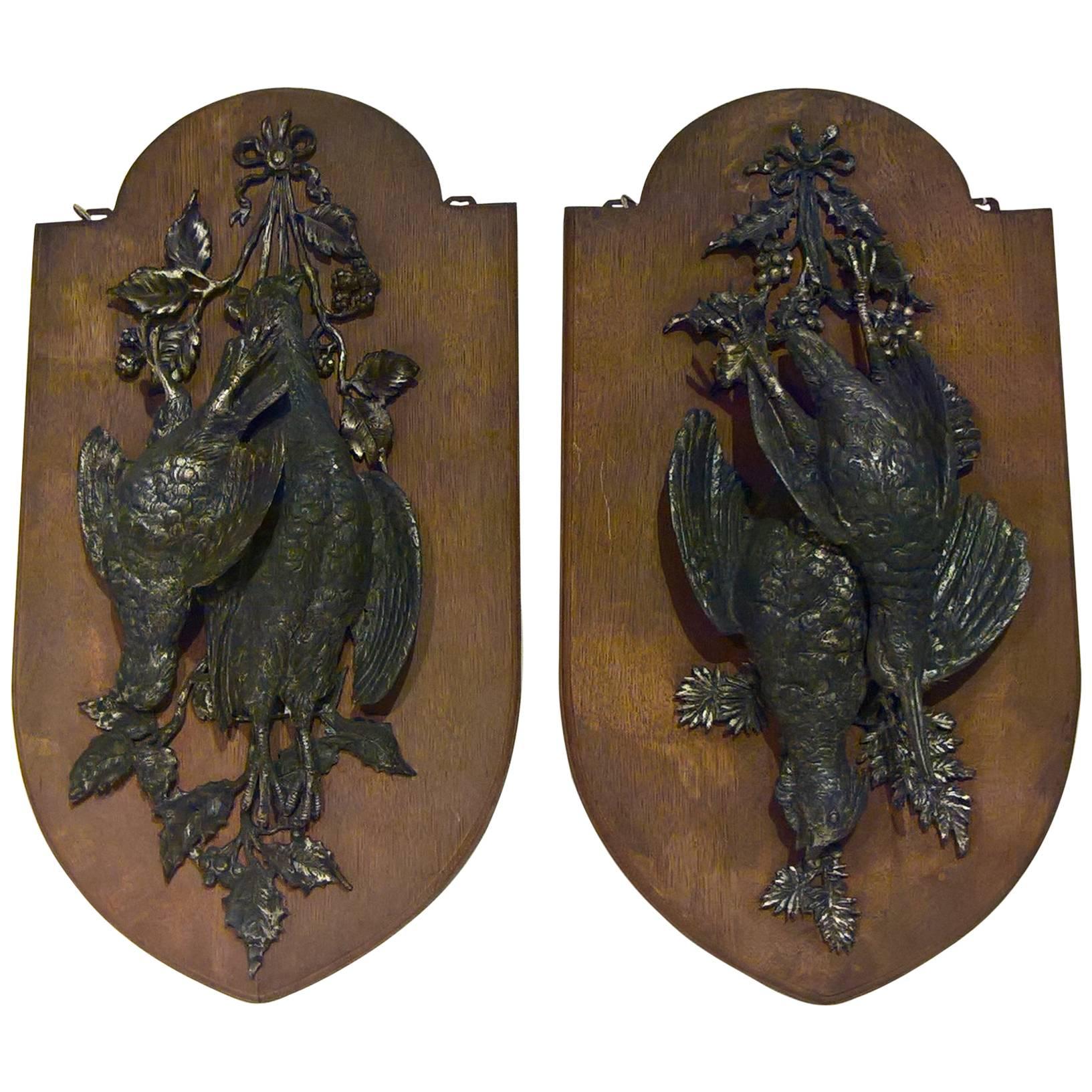 19th Century Black Forest Pair of Wood Plaques With Birds in Cast Iron Germany