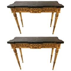 Pair of Karges Carved Marble-Top Console Tables
