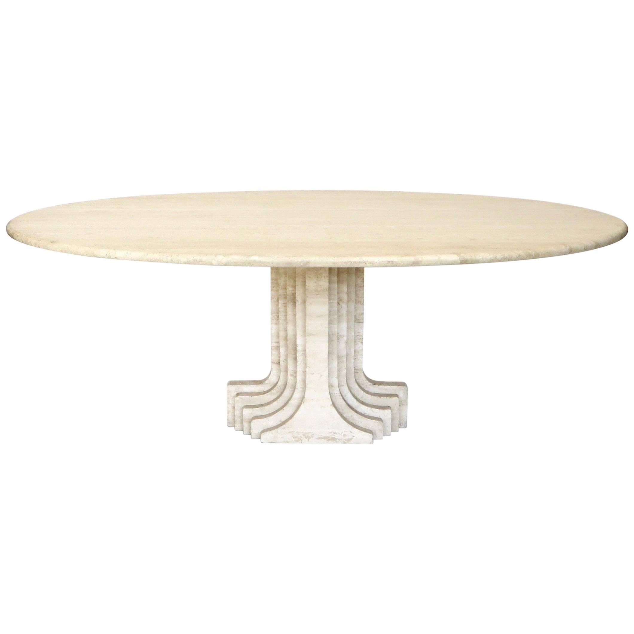 Italian Travertine Oval Top "Samo" Fluted Carved Base Dining Table Carlo Scarpa
