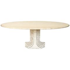 Italian Travertine Oval Top "Samo" Fluted Carved Base Dining Table Carlo Scarpa