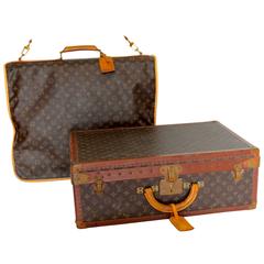 Set of Antique Louis Vuitton Alzar Suitcase and Garment Bag