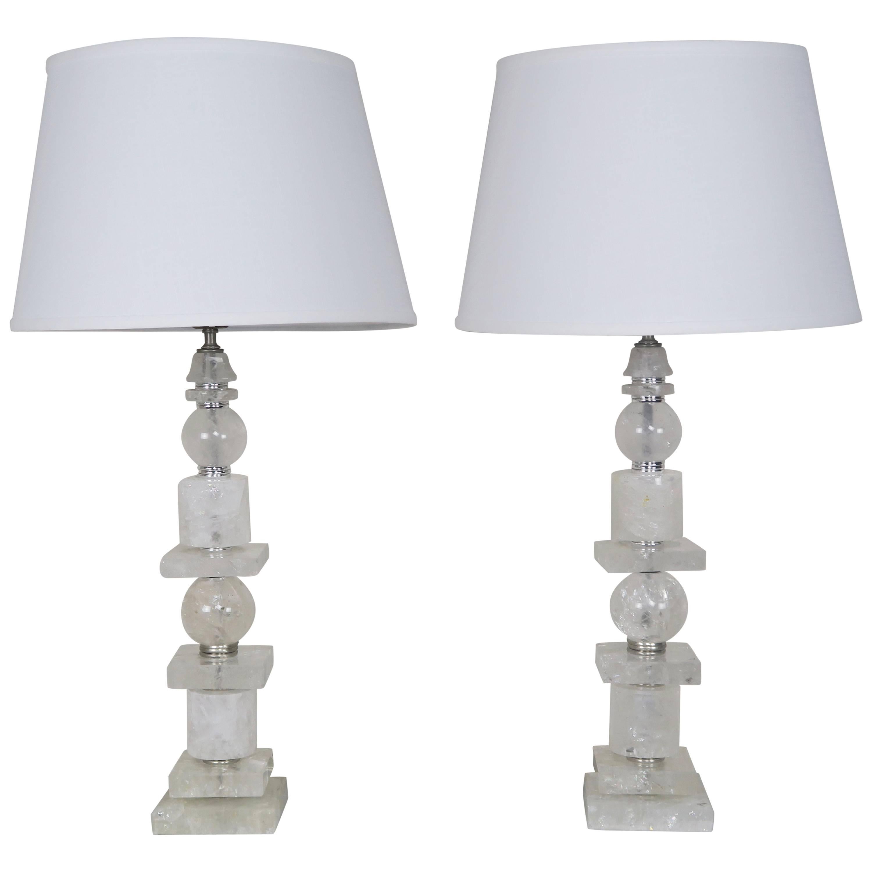 Rock Crystal Sculptured Quartz Lamps, Pair