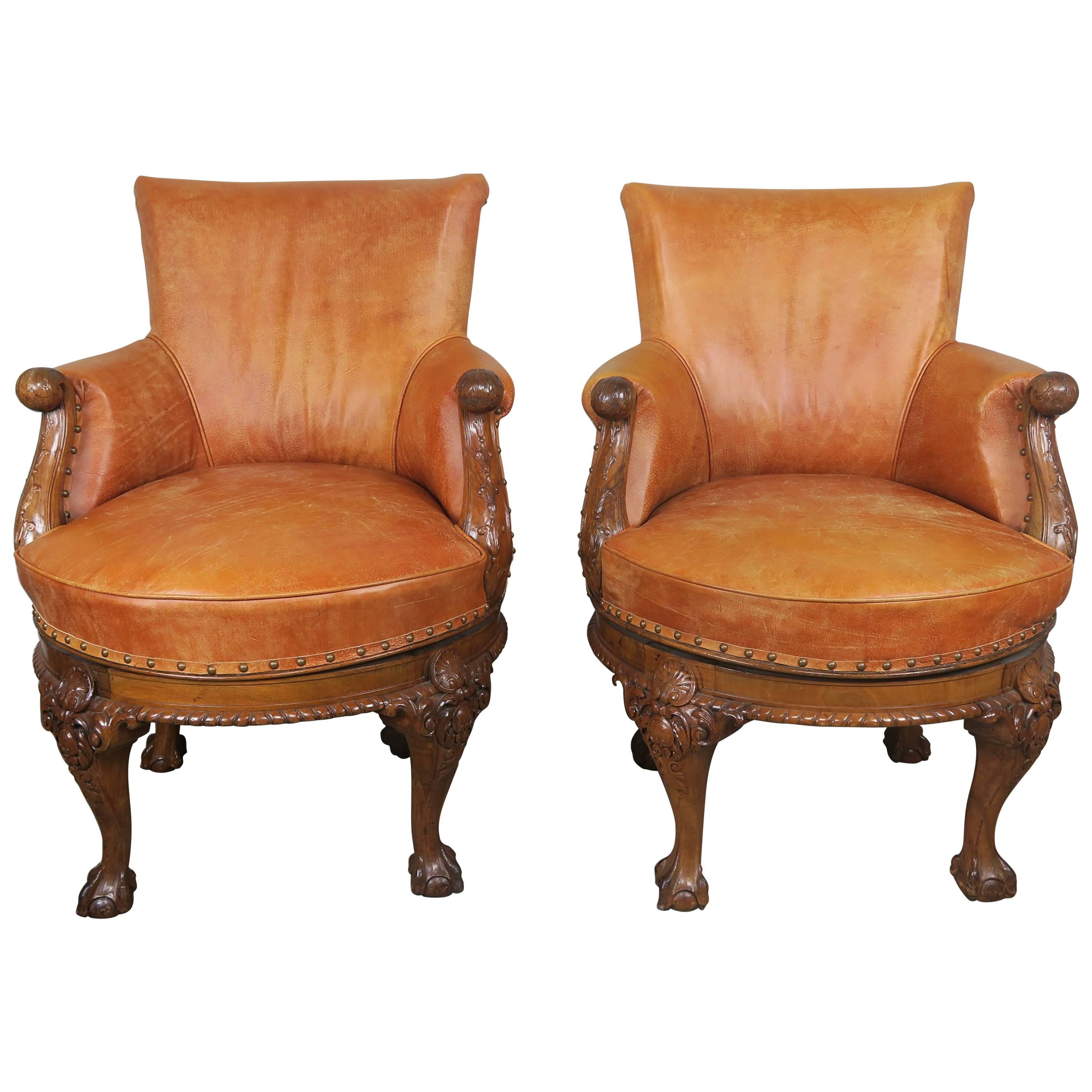 Pair of George II Style Walnut Swivel Library Chairs