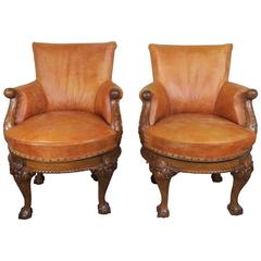 Antique Pair of George II Style Walnut Swivel Library Chairs