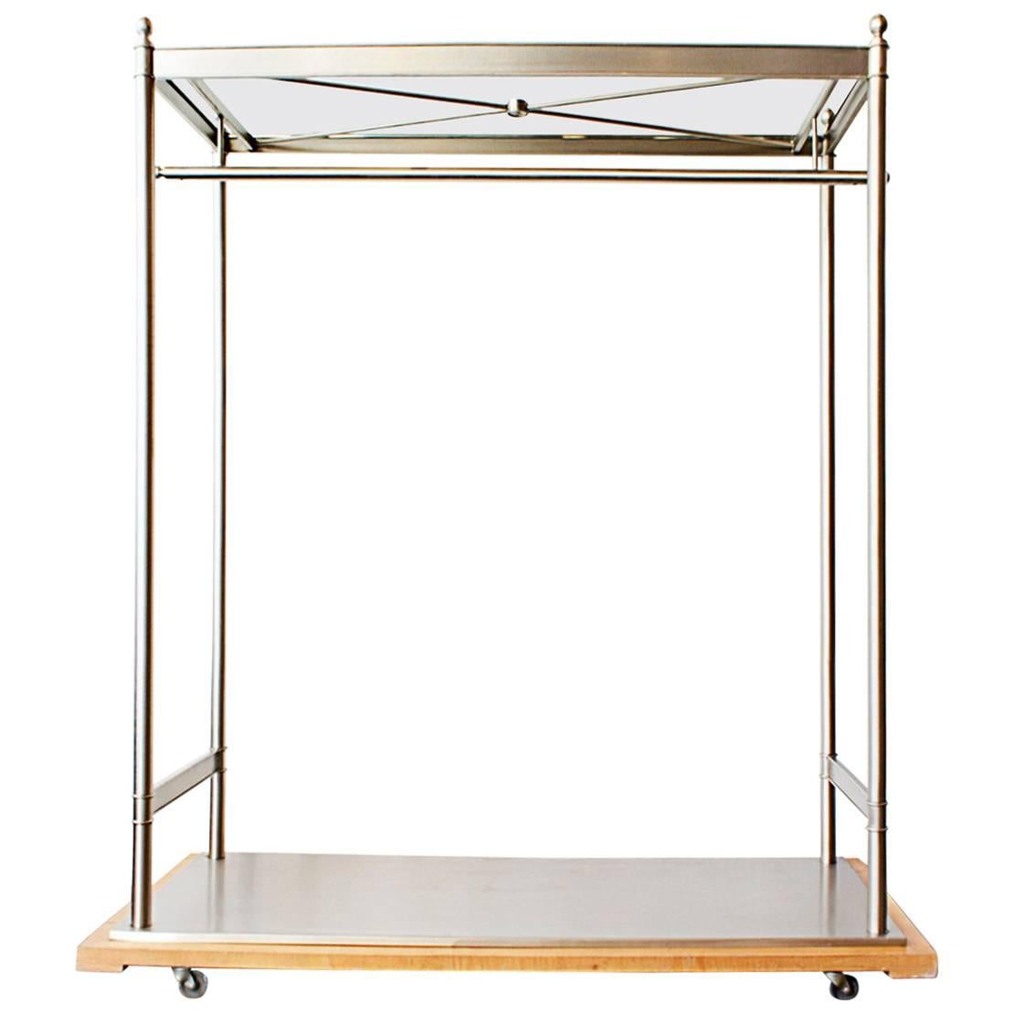 Nickel-Plated and Glass Clothes Rack on Wood Base