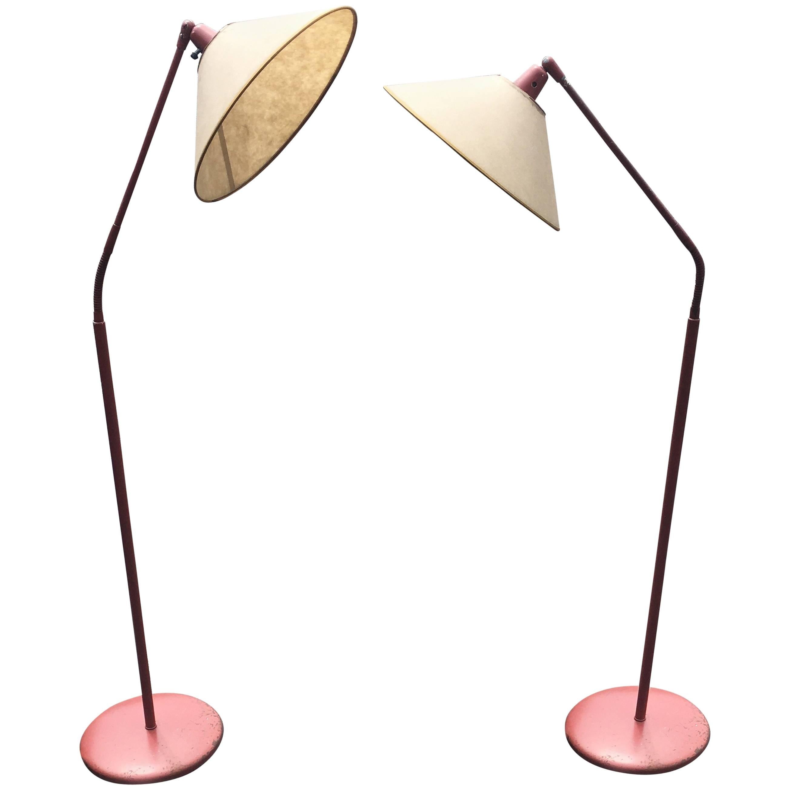 Two Kurt Versen Gooseneck Floor Lamps with Original Shades For Sale at 1stDibs