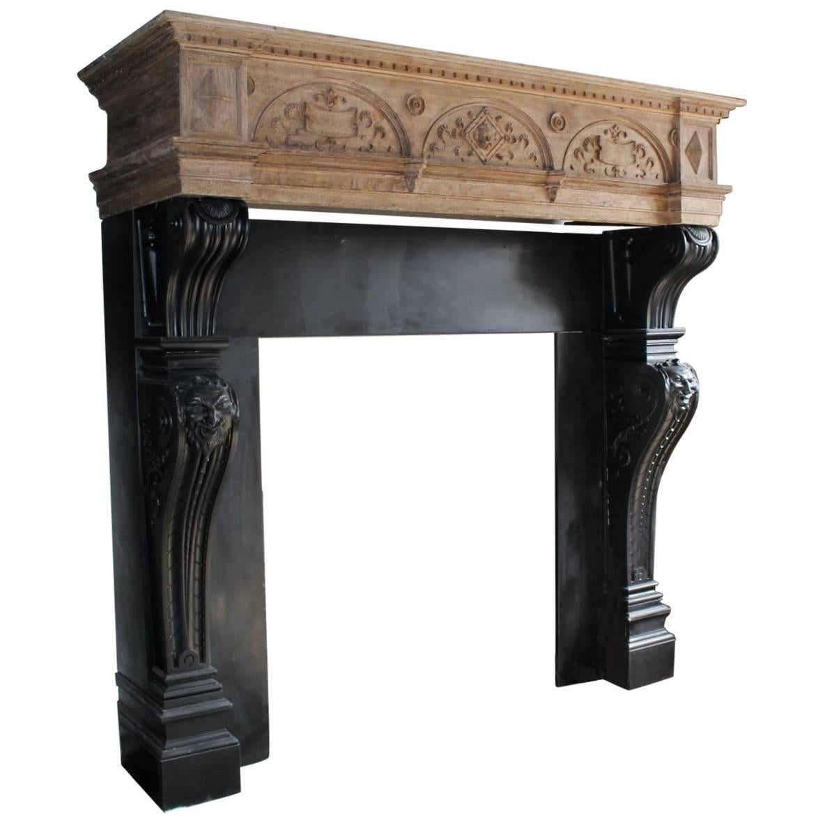 Antique Marble Fireplace with a Wooden Mantel on Top