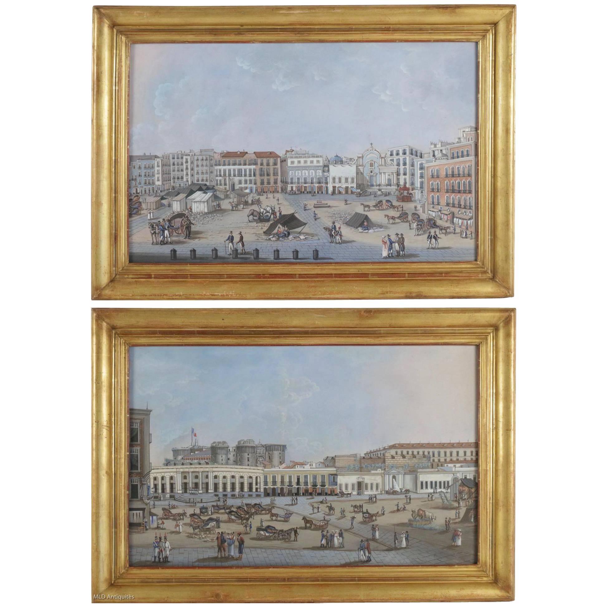 Early 19th Century Pair of Italian Gouaches Castel Nuovo & Square from Naples For Sale