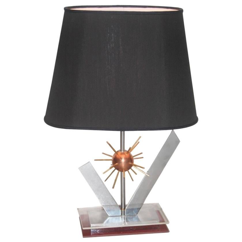 Sputnik Sculptural Table Lamp, 1970s Copper steel brass and plexiglass Italian For Sale