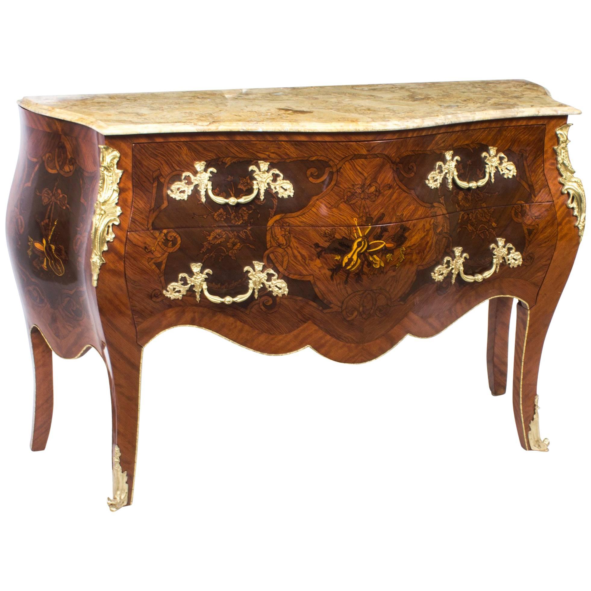 French Louis XV Marquetry Bombe Commode Chest