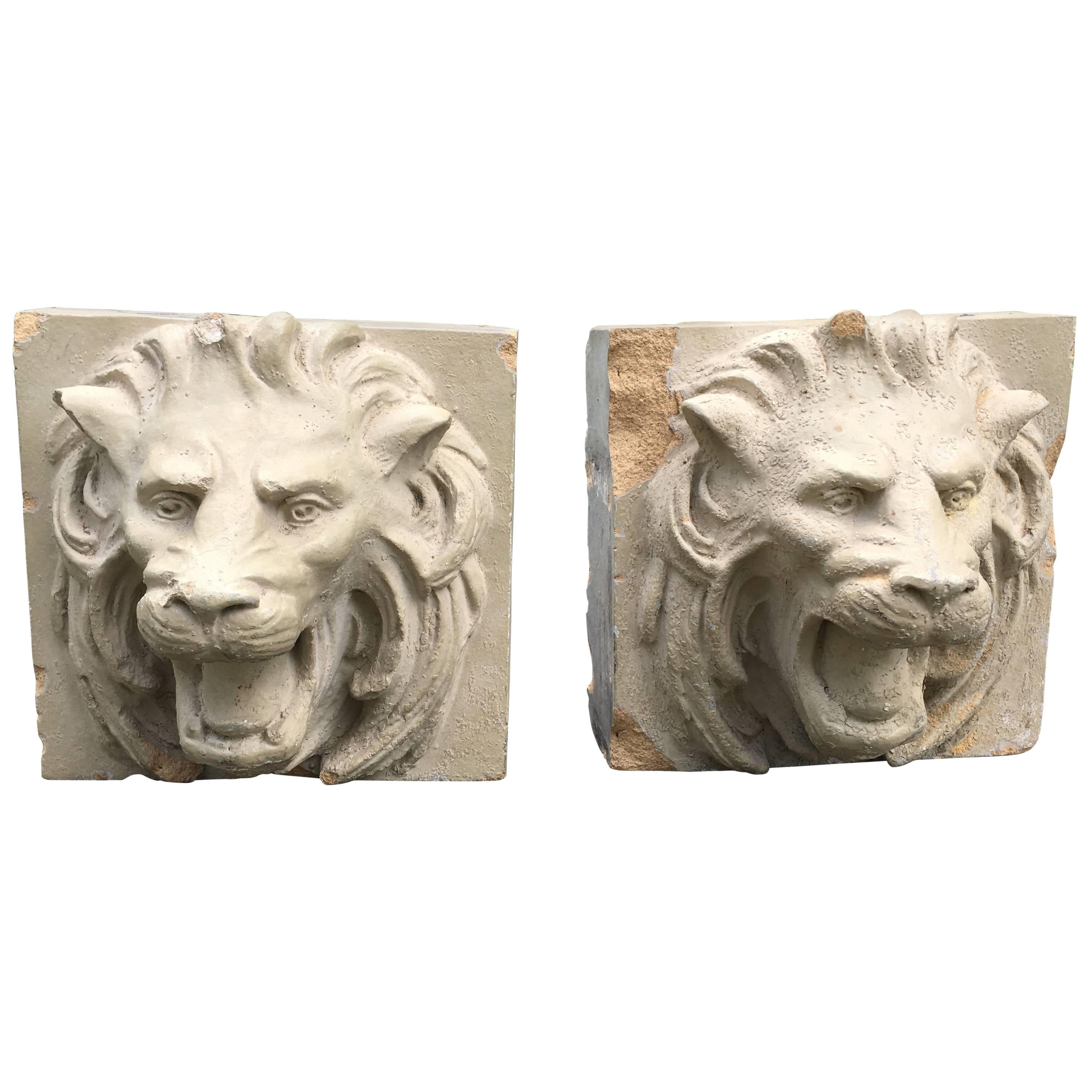 Pair of 19th Century Stoneware Lion Fountain Masks For Sale
